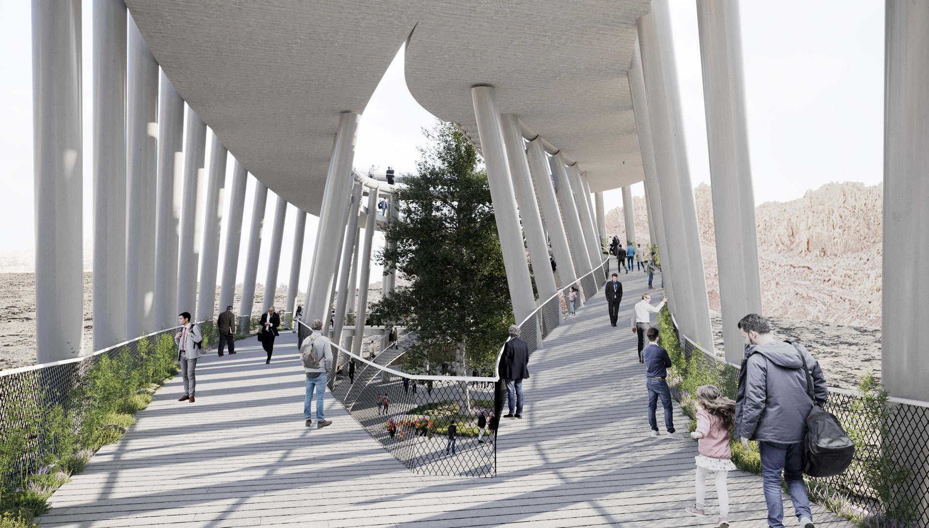 رندر پرسپکتیو رمپهای داخلی پل باغ آوینی قم طراحی توسط گروه معماری کارند