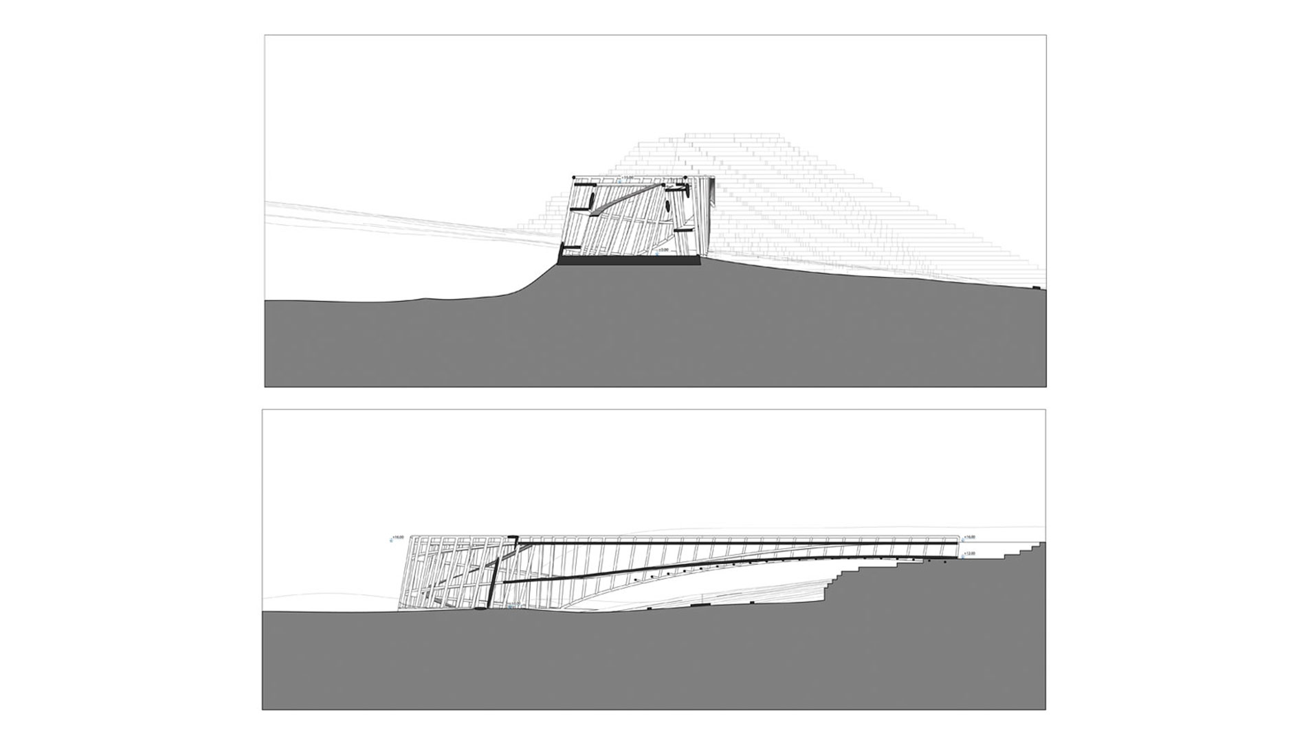 مقاطع طولی و عرضی پل باغ آوینی قم طراحی توسط گروه معماری کارند