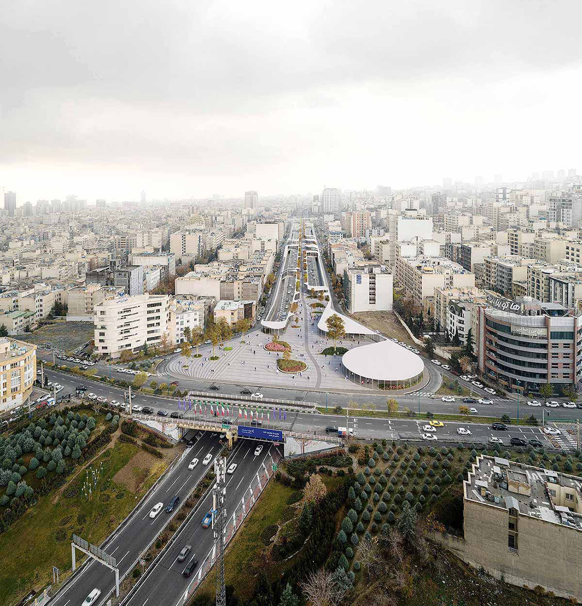 رندر دید پرنده پل باغ نیایش منطقه سعادت آباد تهران طراحی توسط گروه معماری کارند